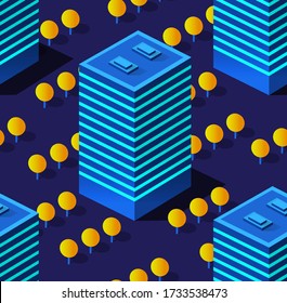 Isometric forest nature trees landscape purple seamless repeating pattern ultra landscape of violet neon style, an ultraviolet 3d modern design. Vector illustration of modern business background.