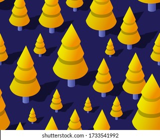 Los árboles naturales isométricos paisajean un patrón de repetición púrpura ultra paisaje de estilo neón violeta, un diseño ultravioleta 3d moderno. Ilustración vectorial de los antecedentes empresariales modernos.