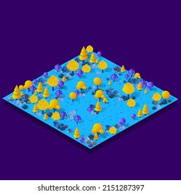 Isometric forest nature trees landscape of neon ultraviolet landscape. Vector 3d illustration of modern business background.