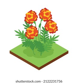Isometric forest park nature element composition with rectangular platform and colorful flowers vector illustration