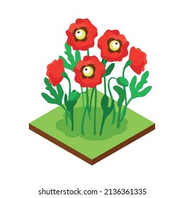 Isometric forest park nature element composition with rectangular platform and red flowers vector illustration