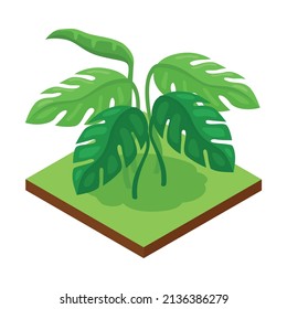 Isometric forest park nature element composition with rectangular platform and exotic leaves vector illustration