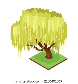 Isometric Forest Park Nature Element Composition With Rectangular Platform And Weeping Willow Tree Vector Illustration