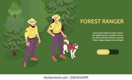 Isometrischer Wald Ranger horizontalen Banner mit Zusammensetzung von BäMenschen in Uniform mit Button und Text Vektorgrafik-Vektorgrafik