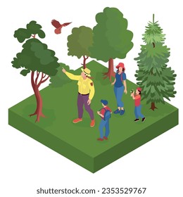 Isometric forest ranger isolated composition with isolated piece of forest with trees birds and walking people vector illustration
