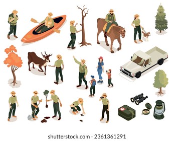 Isometric forest reserve ranger set of isolated icons with inflatable boat pickup truck tools and people vector illustration