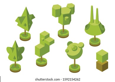 Isometric forest. Trees are geometric shapes. Vector illustration.