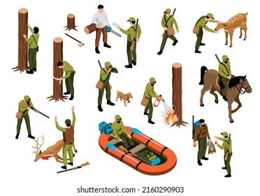 Isometric Forester iconse con seguridad contra incendios y escenas de detención de cazadores furtivos ilustraciones vectoriales aisladas