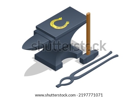 Isometric Forge, Blacksmith. Hammer, Tongs, Anvil and Horseshoe.