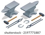 Isometric Forge, blacksmith. Strong blacksmith with hammer and anvil forge iron. Blacksmith in workshop