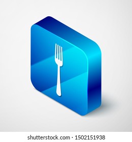 Isometric Fork icon isolated on white background. Cutlery symbol. Blue square button. Vector Illustration