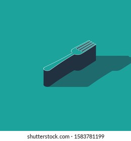 Isometric Fork icon isolated on green background. Cutlery symbol.  Vector Illustration