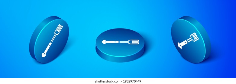 Isometric Fork icon isolated on blue background. Cutlery symbol. Blue circle button. Vector