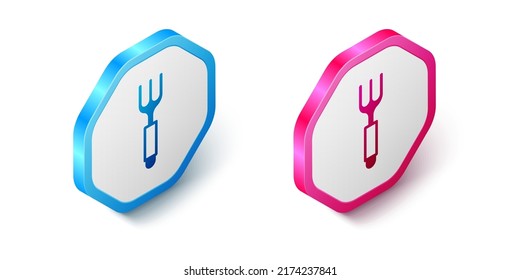 Isometric Fork icon isolated on white background. Cutlery symbol. Hexagon button. Vector