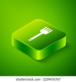 Isometric Fork icon isolated on green background. Cutlery symbol. Green square button. Vector