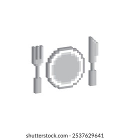 isometric fork plate knife icon 8 bit, pixel art kitchen utensils icon for game logo.