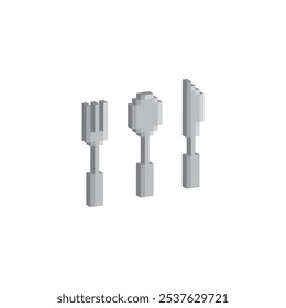 isometric fork spoon knife icon 8 bit, pixel art kitchen utensils icon for game logo.