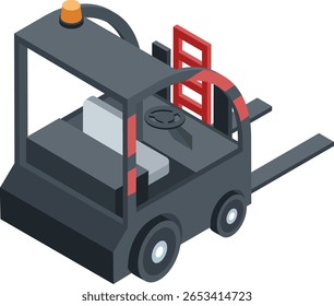 Isometric forklift featuring a flashing light, steering wheel, and ladder, optimized for efficient warehouse operations and effective cargo transportation in industrial settings