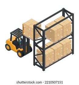 Isometric forklift lifting load of boxes stacked on a pallet to an industrial storage rack. Safety in handling a fork lift truck. Industrial logistics of storage and distribution of products