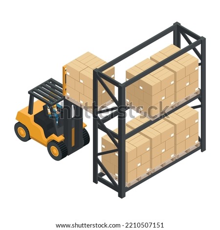 Isometric forklift lifting load of boxes stacked on a pallet to an industrial storage rack. Safety in handling a fork lift truck. Industrial logistics of storage and distribution of products