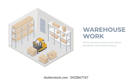  Isometric forklift lifting pallets and boxes. Parcels warehouse, logistics concept.