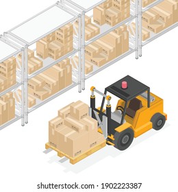 Isometric forklift loading pallets with boxes. Cargo Industry tracking service concept. Vector 3d style. Isometry warehouse sideloader truck  template. ESP 10.