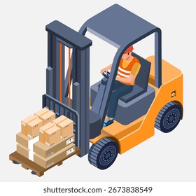 Isometric Forklift Operator Loading Pallet with Boxes