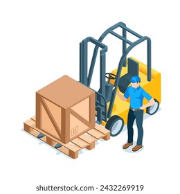 carretilla elevadora isométrica con paleta y caja y hombre trabajador, en color sobre un fondo blanco, equipo de almacén y personal