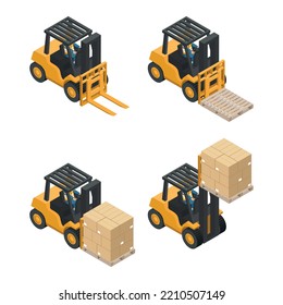 Isometric forklift set lifting load of boxes stacked on a pallet. Safety in handling a fork lift truck. Industrial logistics of storage and distribution of products