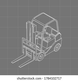 Esbozo de elevación de horquilla isométrico. Estilo de trama vectorial 3d. Esquema del plano de elevación de horquilla. Dibujo del vehículo