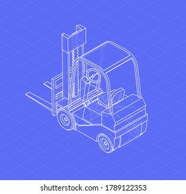 Isometric forklift sketch. 3d vector wireframe style. Outline blueprint of forklift. Vehicle drawing