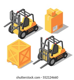 Isometric forklift and storage boxes. 3D flat vector illustration.