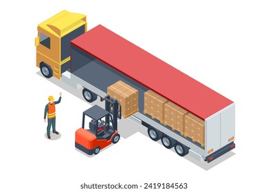 Isometric Forklift Tractor Loading Package Boxes on Pallet into Cargo Container. Delivery and Logistic, Storage and Truck, Transportation Industry, Delivery and Logistic.