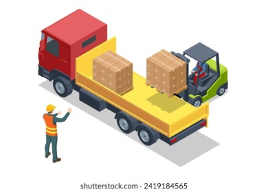 Isometric Forklift Tractor Loading Package Boxes on Pallet into Cargo Container. Delivery and Logistic, Storage and Truck, Transportation Industry, Delivery and Logistic.