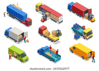 Isometric Forklift Tractor Loading Package Boxes on Pallet into Cargo Container Delivery and Logistic, Storage and Truck, Transportation Industry Container loading on a Truck with an Industrial Crane
