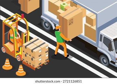 Isometric Forklift Trator Carregando caixas de pacote no palete do contêiner de carga. Entrega e Logística, Armazenamento e Caminhão, Setor de Transporte, Entrega e Logística