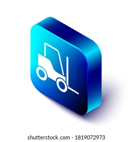 Isometric Forklift truck icon isolated on white background. Fork loader and cardboard box. Cargo delivery, shipping, transportation. Blue square button. Vector Illustration