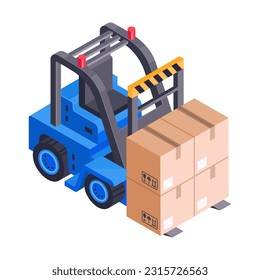 Isometric forklift truck. Storage and warehouse vehicle, forklift with cardboard boxes. Transportation equipment 3d vector illustration