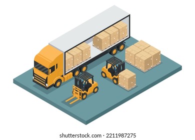 Isometric forklift unloading stacked boxes on pallet from container truck or delivery truck. Safety in handling a fork lift truck. Industrial logistics of storage and distribution of products