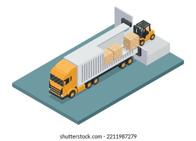 Isometric forklift unloading stacked boxes on pallet from container truck at unloading dock. Safety in handling a fork lift truck. Industrial logistics of storage and distribution of products