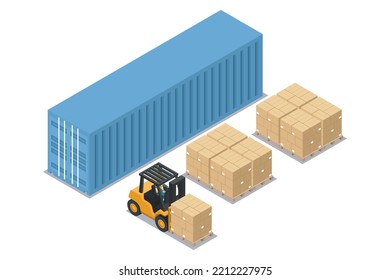 Isometric forklift unloading stacked boxes on pallet from blue container  at unloading dock. Safety in handling a fork lift truck. Industrial logistics of storage and distribution of products