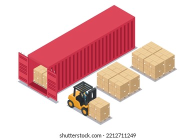 Isometric Forklift Unloading Stacked Boxes On Pallet From Red Container  At Unloading Dock. Safety In Handling A Fork Lift Truck. Industrial Logistics Of Storage And Distribution Of Products