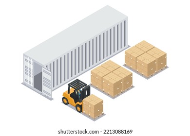 Isometric forklift unloading stacked boxes on pallet from container  at unloading dock. Safety in handling a fork lift truck. Industrial logistics of storage and distribution of products