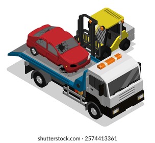 Isometric forklift unloads car damaged in auto accident from tow truck at car dump. Special heavy loading equipment. Aerial view 3D vector isolated on white background