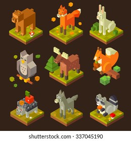 Isometric  forrest bird and  animal set: bear, fox, hare, owl, deer, squirrel, hedgehog, wolf, raccoon. Flat isometric vector stock set. 