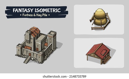 Isometric Fortress and Hay Pile Fantasy game assets - Vector Illustration