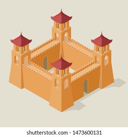 Isometric fortress with towers and walls. Fortifications in the Chinese style.