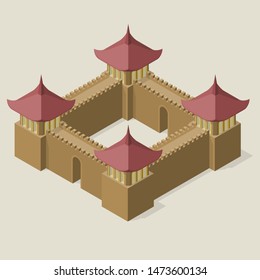 Isometric fortress with towers and walls. Fortifications in the East Asian style.