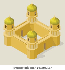 Isometric fortress with towers and walls. Fortifications in the Arabic style.