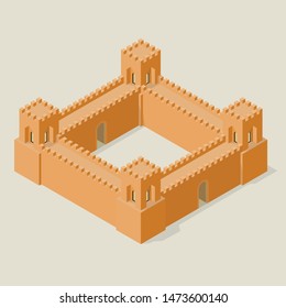 Isometric fortress with towers and walls. Fortifications in the antique style.